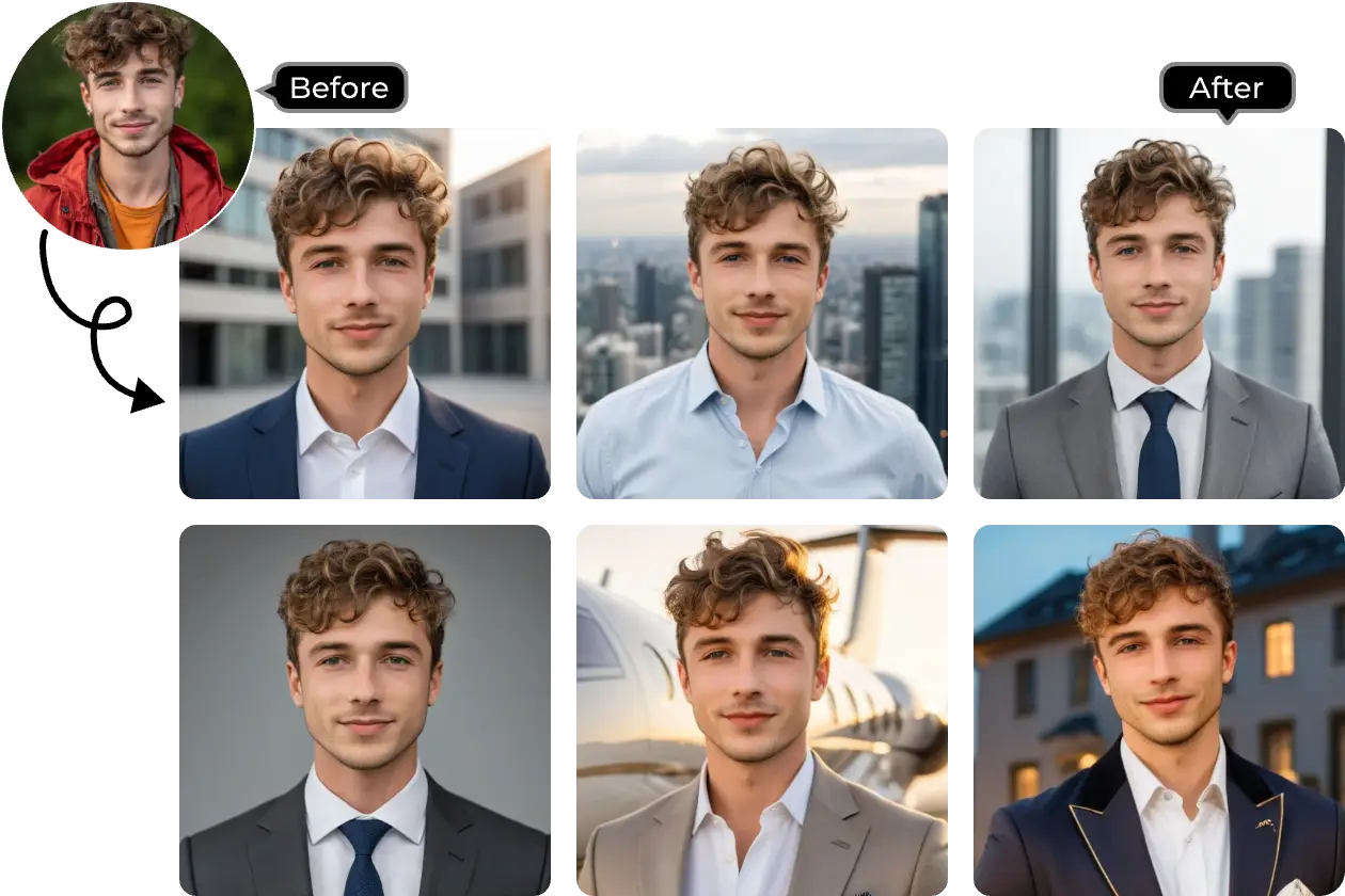 trasformate l'immagine di un uomo in sei avatar professionali con il generatore di avatar aiease ai