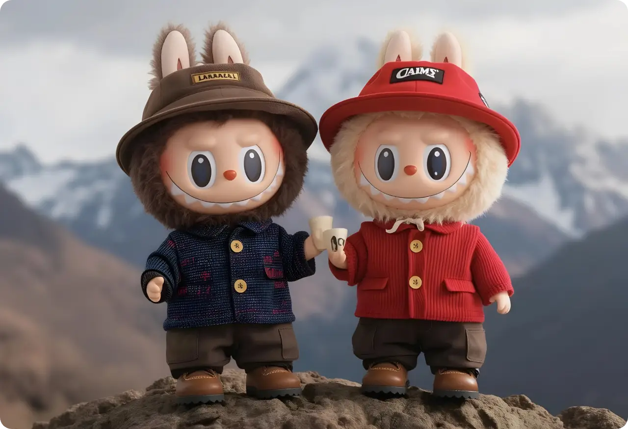 two creepy cute labubu dolls with different outlooks designed by ai ease cheers on the mountains