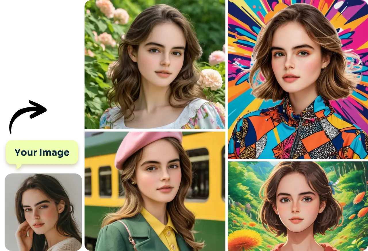 carregar um retrato de uma rapariga e criar quatro avatares diferentes no gerador de avatares aiease ai