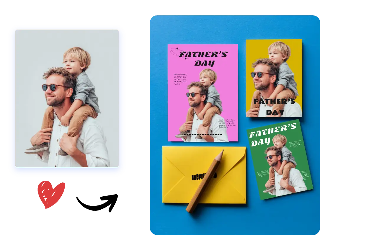 あなたとあなたのお父さんの写真をアップロードして、さまざまな父の日カードの背景を簡単にaiに。
