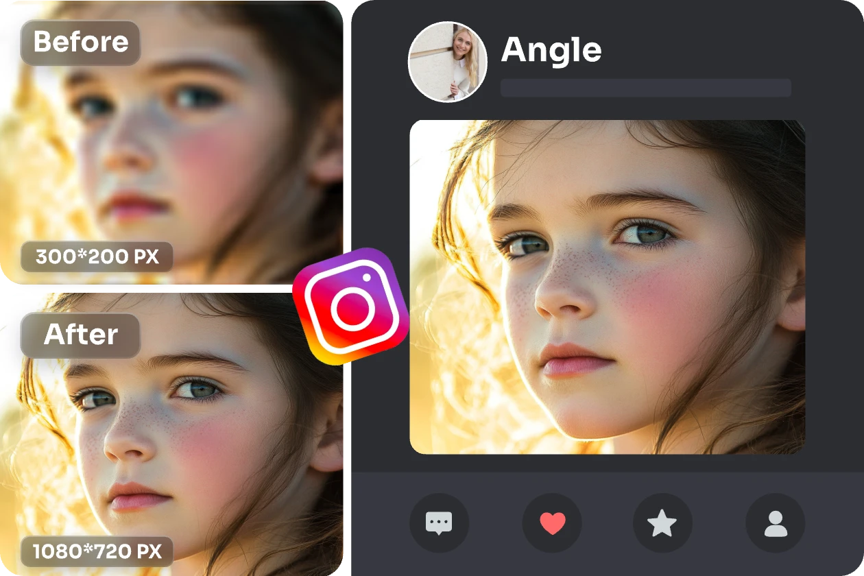 melhorar o retrato de uma rapariga com o aiease image upscaler e publicá-lo online com o ícone ins