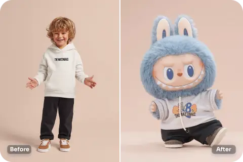 use labubu filter to convert the picture into macaron labubu in a white shirt and black pants