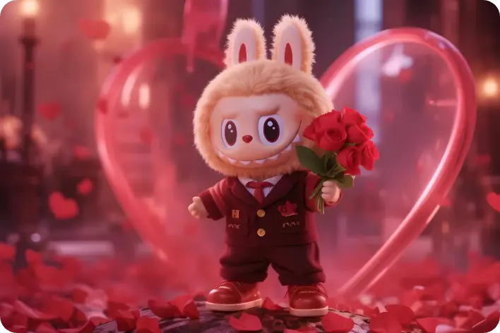 valentines day seasonal labubu with a bouquet of roses