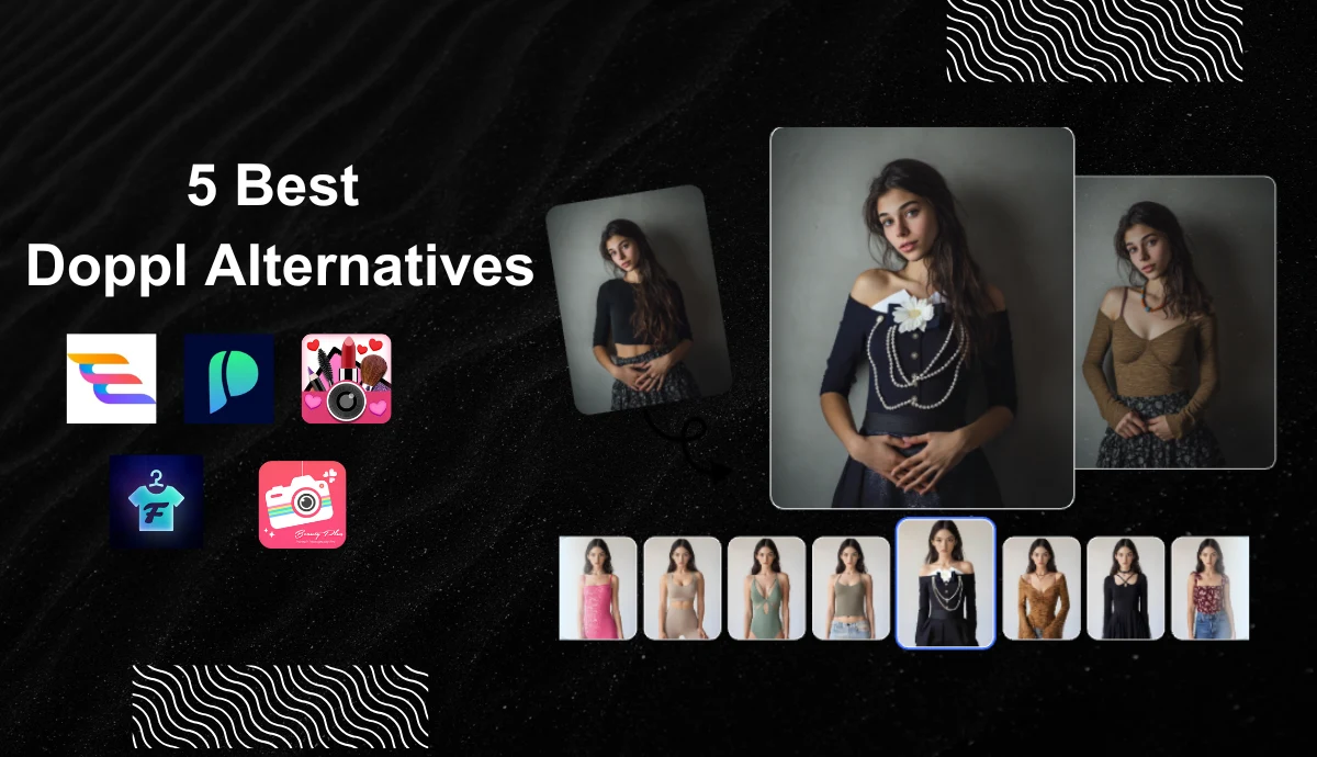 a blog cover of 5 best doppl alternatives to swap outfits with ai and list five ai tools icons