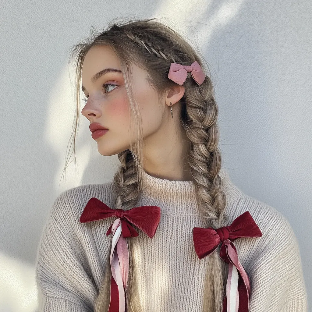 a girl with twin braids with bows for blackpink concert