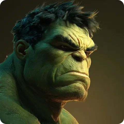 a square portrait of hulk in realistic style made in ai ease marvel character generator