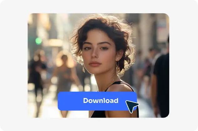 a woman standing on the street with a download icon