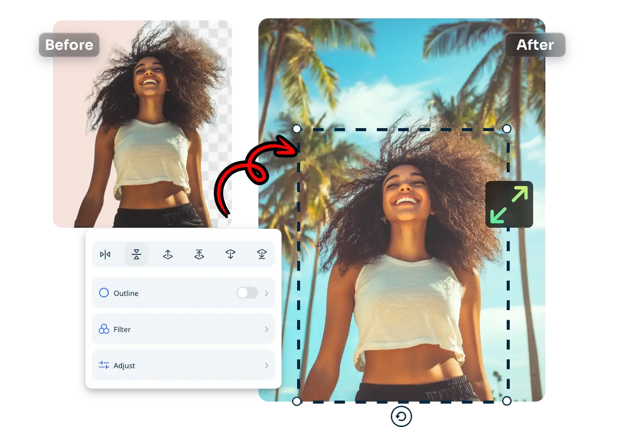 before and after contrast of background removal of a girl portrait and add a new coconut tree background