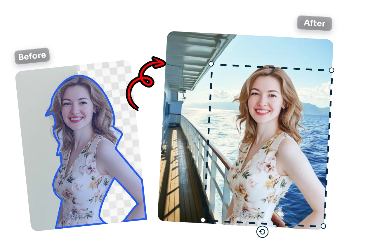 before and after contrast of background removal of a lady with flower dress and put it on a ocean photo
