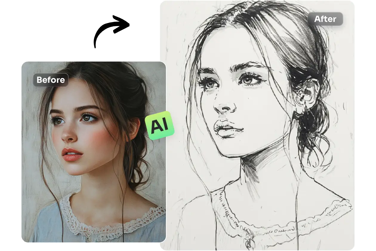 before and after contrast of turnning a beautiful girl portrait into line drawing art with ai