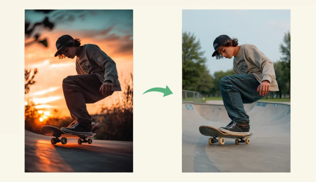 change the background of the boy skateboarding to a skate park