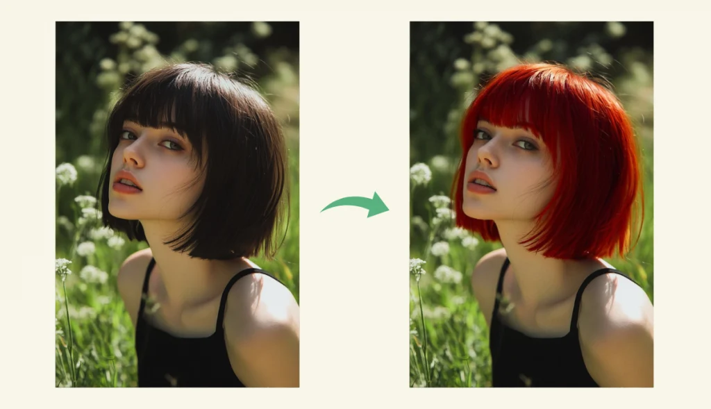 change the girl’s black hair color to red hair color