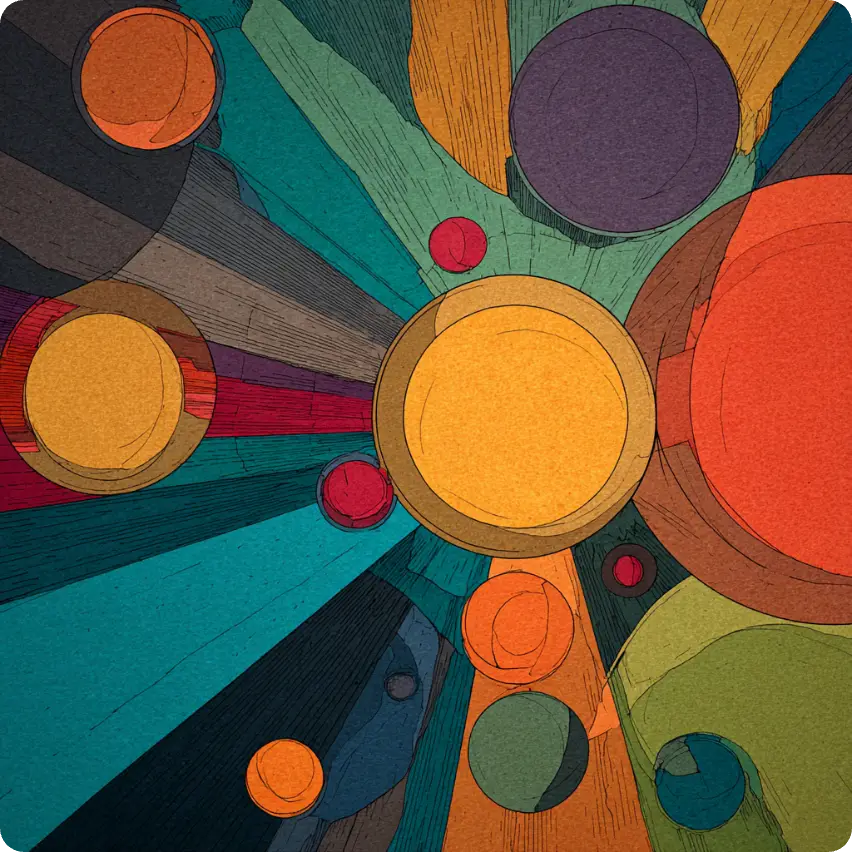 colorful circular forms layered in a radial composition with shades of orange, red, green, and blue on a dark background