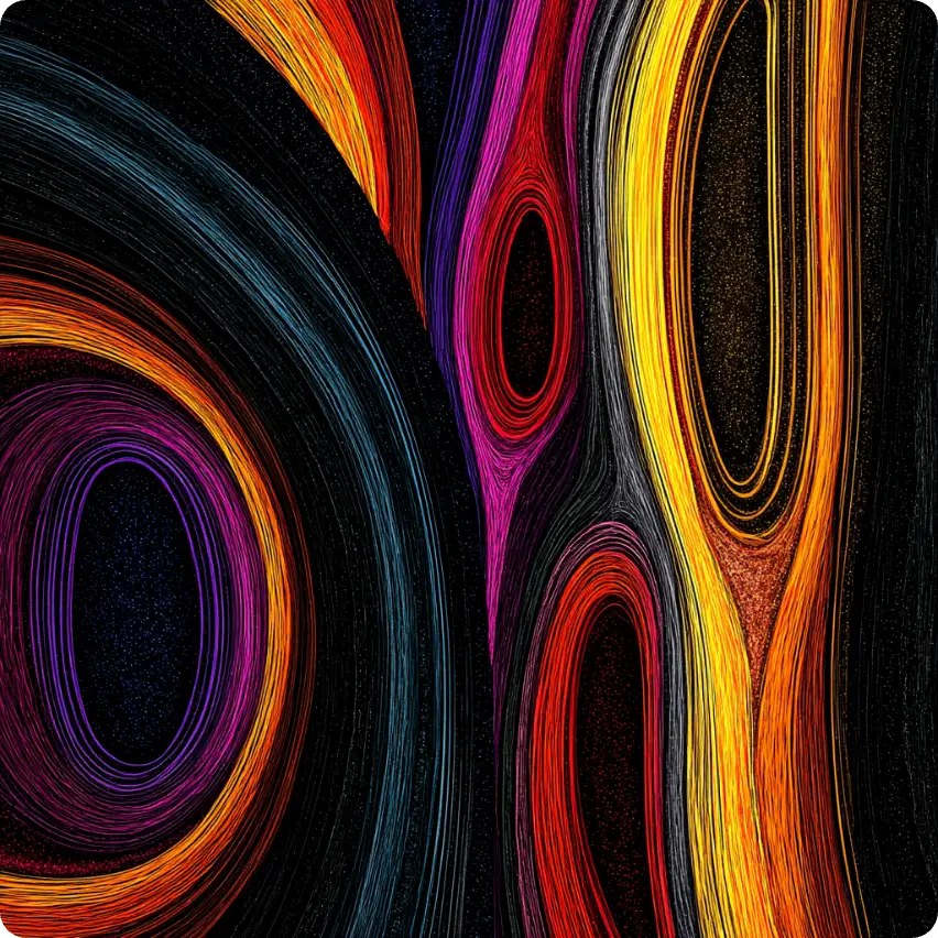abstract concentric ovals and curved lines in bright neon colors set against a black textured background