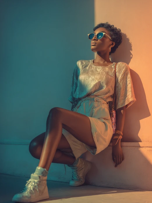 modello femminile ai di pelle scura che mostra un vestito elegante