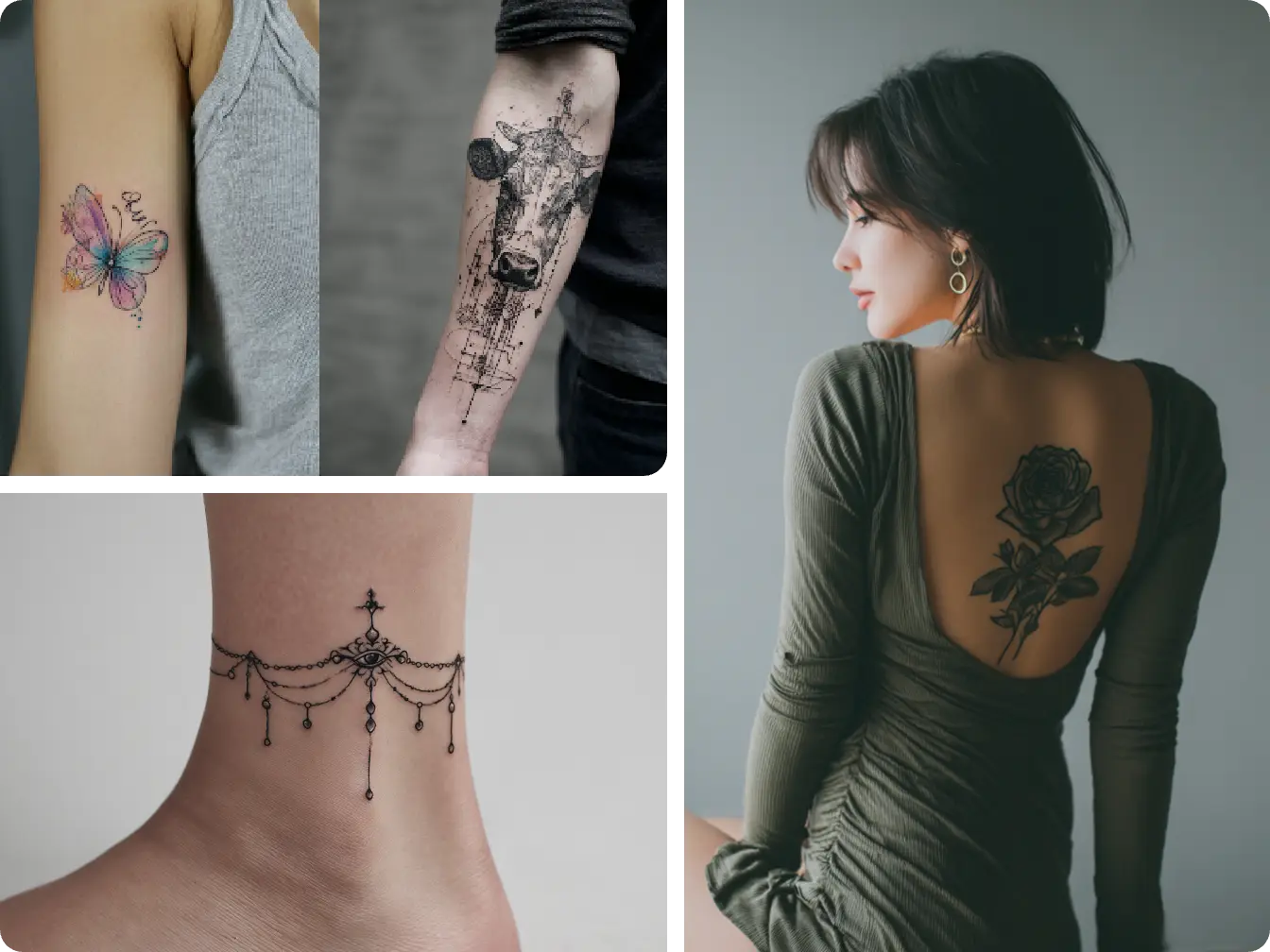 four pictures of tattoos in different locations previewed using ai tattoo maker