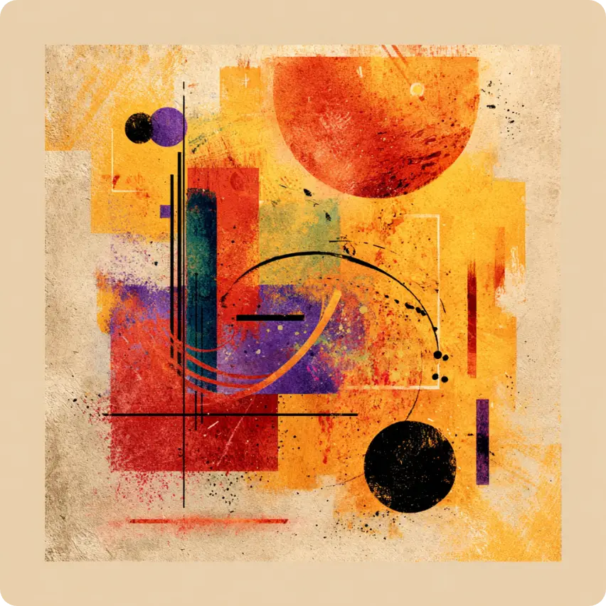modern abstract composition with geometric shapes in warm tones of red, orange, and yellow, accented by black lines
