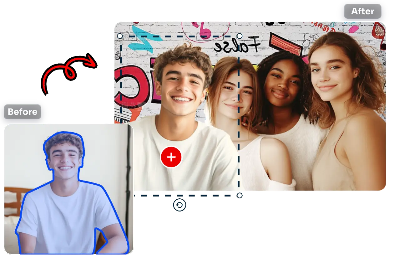 one boy portrait with transparent background and add it to a three girls selfies