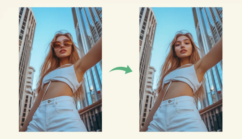 remove the girl’s sunglasses from the photo
