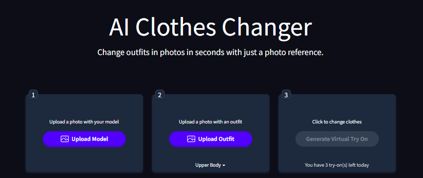 screenshot of magic hour clothes changer app 3 step interface