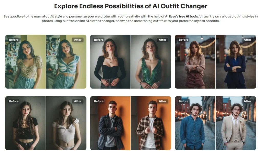 six sets of comparisons of the before and after effects with ai ease ai clothes app