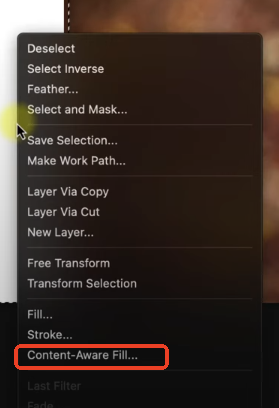 pop-up operation screenshot of clicking content-aware fill option