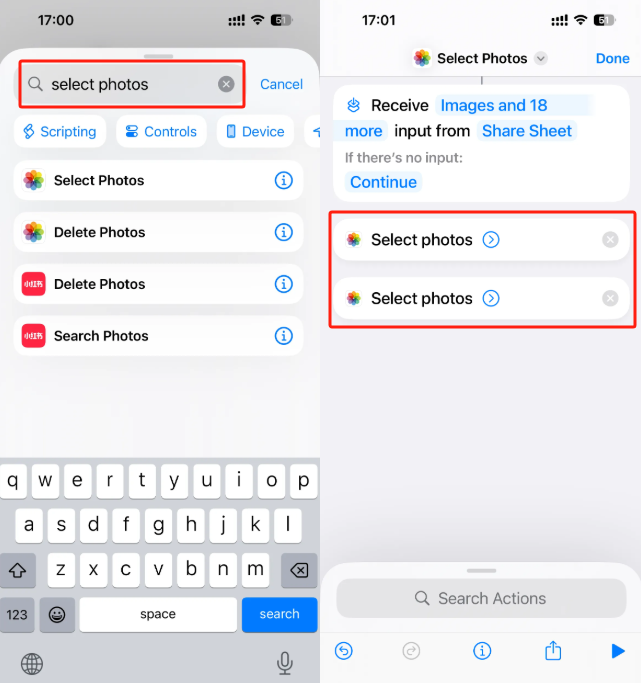 the step of adding two select photo actions to overlay pictures on iphone