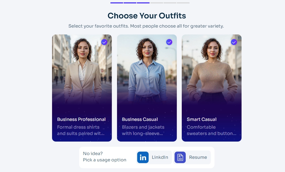 the step to choose your outfits from ai headshot generator