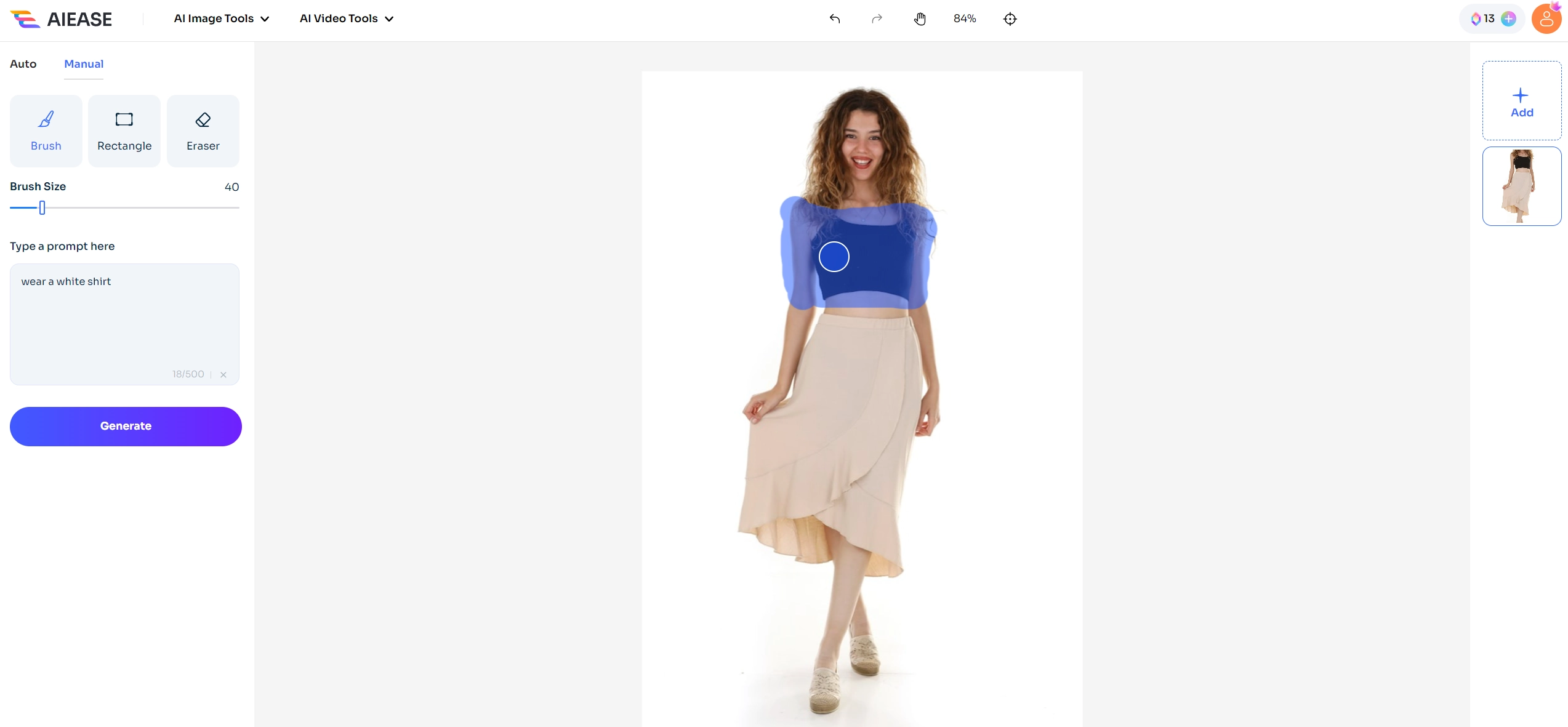 the top clothes of a woman is marked with a brush tool and changed to a white shirt