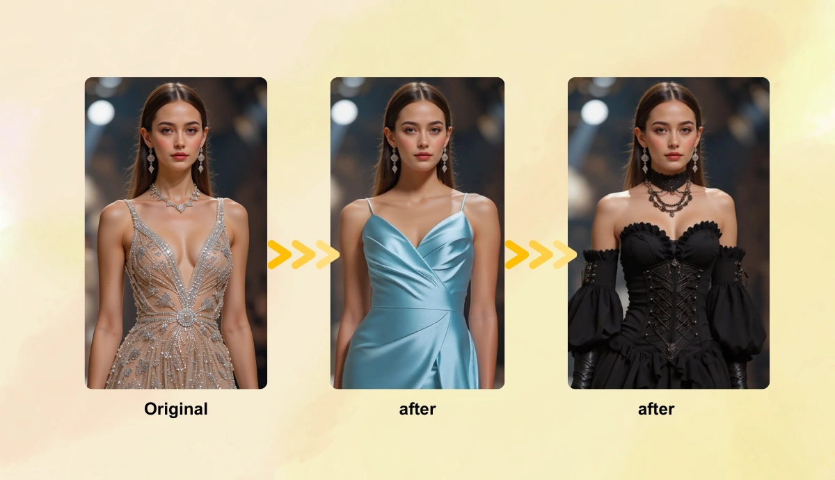 three female model wearing party dress and changing clothes into trendy gown images