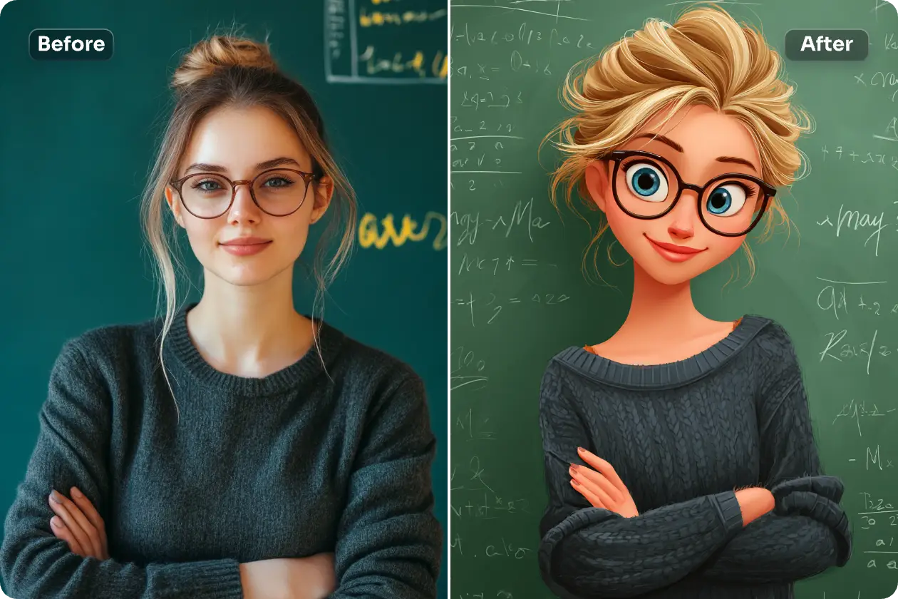 verwandeln sie ein weibliches portrait mit tafel-hintergrund in eine disney-pixar-figur mit ai ease image to image tool