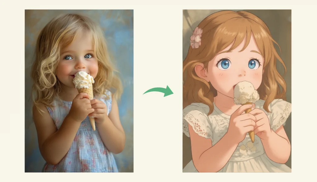 turn ice cream eating girl photo to Ghibli style