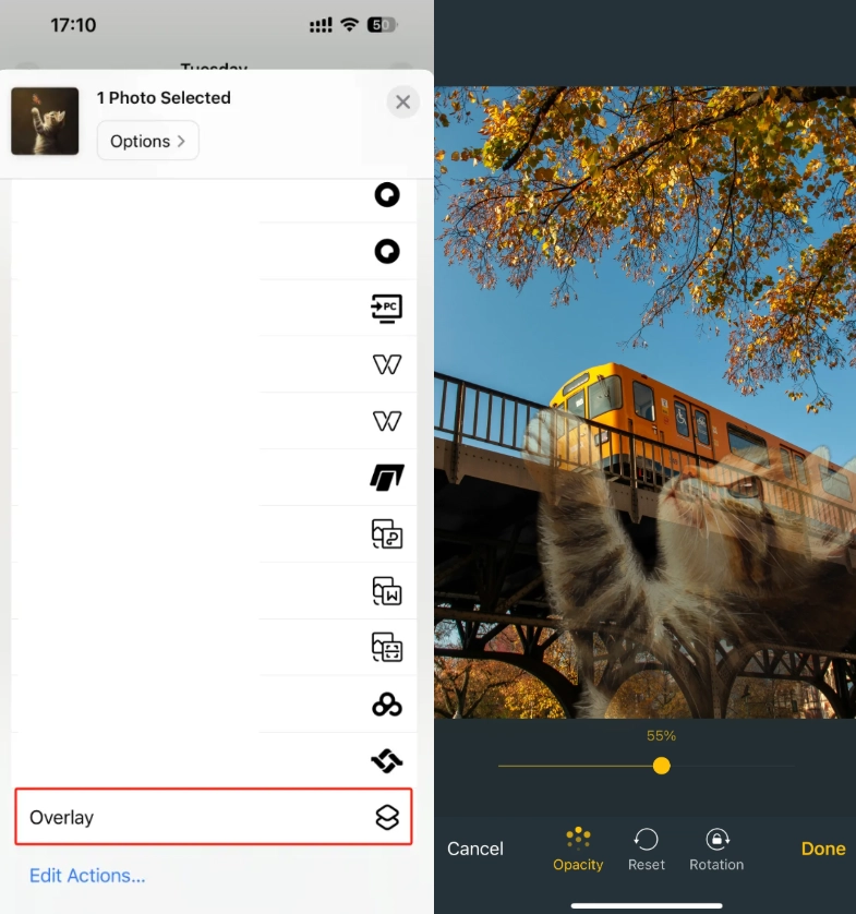 two images of running the overlay from the photos app