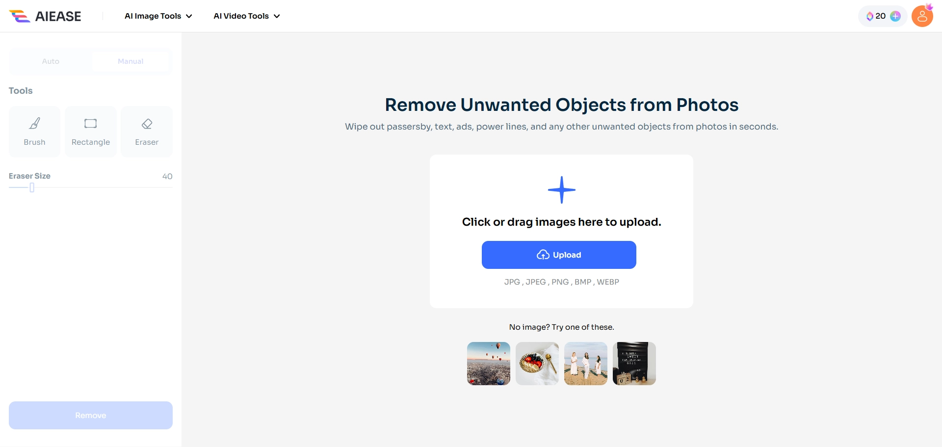 interface screenshot of ai ease's ai object remover