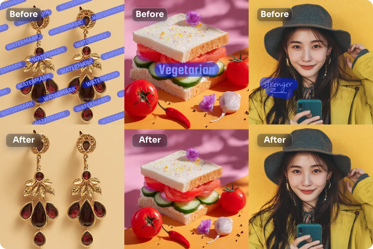3 sets of before and after comparison pictures of removing watermarks, logos, and signatures with ai ease