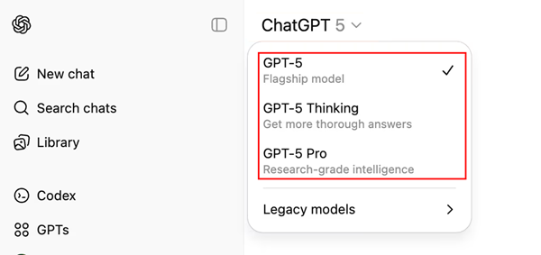 a screenshot of selecting the chatgpt 5 model