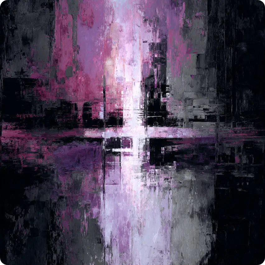 a piece of abstract art in purple, gray, and black