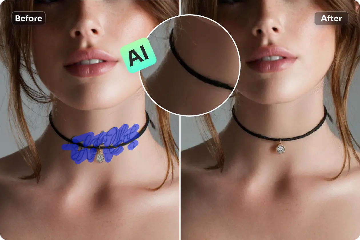 before and after effects of using ai to remove neck tattoo from a female photo