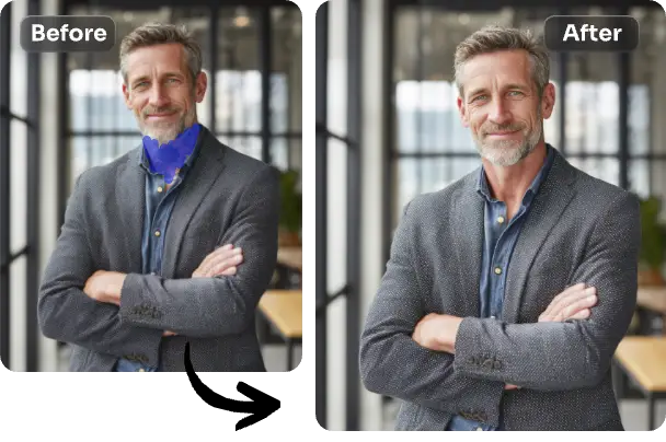 before and after effects of removing a tattoo from a man's formal business photo with ai ease