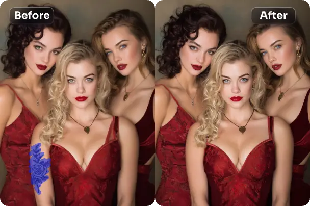 before and after effects of using ai ease to remove tattoo from three girls group photo