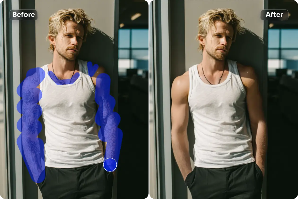 before and after effects of using ai ease to remove tattoos from a man's arms