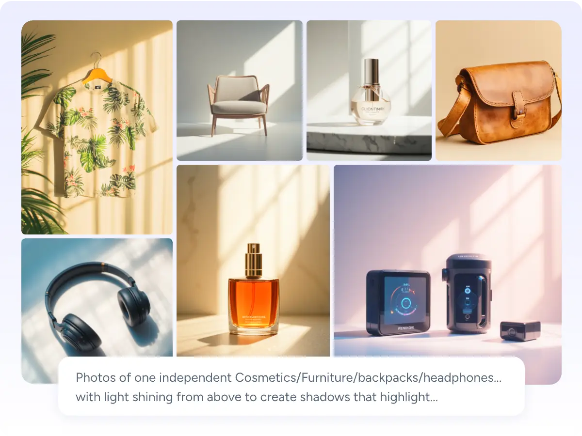 seven ai product images generated from text prompts