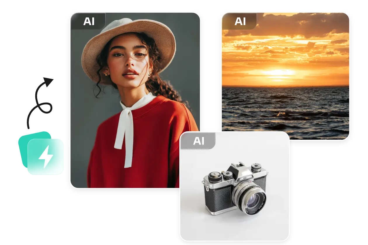 three AI-generated photos including a girl wearing a hat, a camera, and a sunset