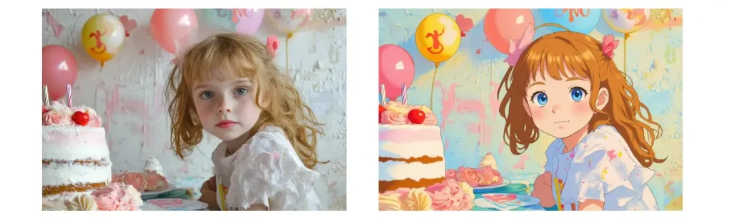 before and after contrast of turning a girl into ghibli style by nano banana