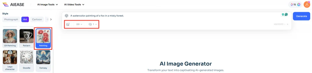 screenshot of choosing styles for ai image generation with ai ease
