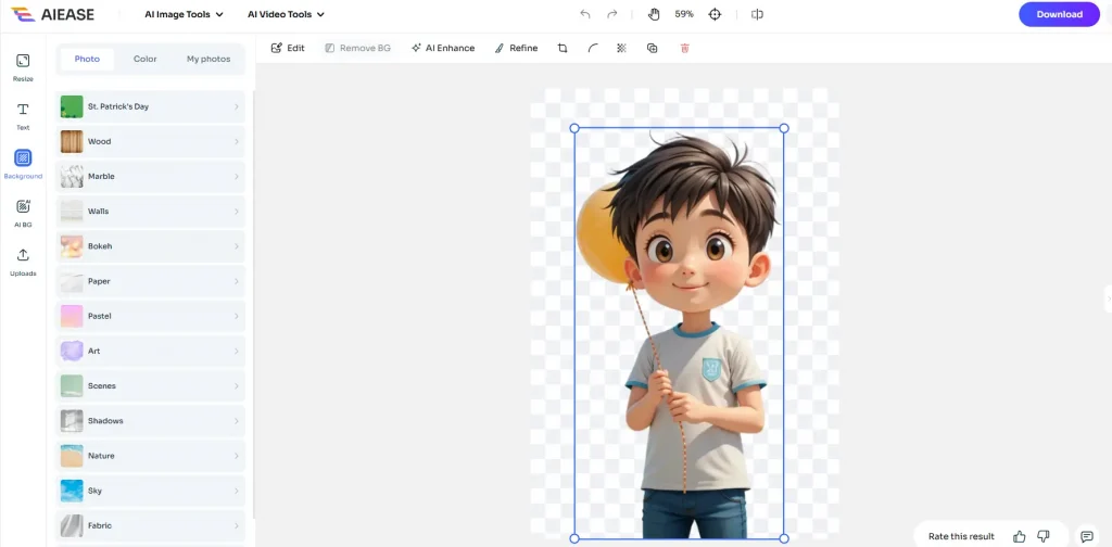 screenshot of editing a boy holding a balloon in aiease photo editor