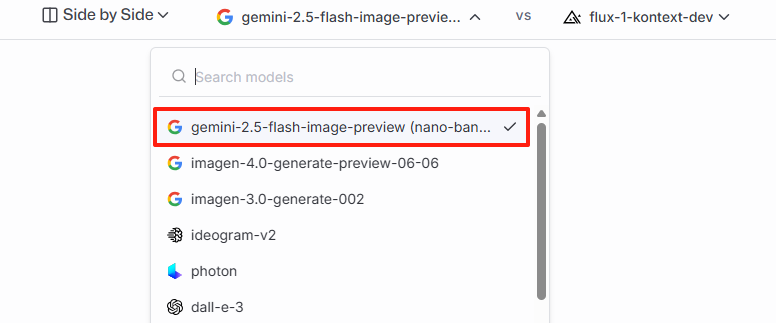 screenshot of selecting gemini-2.5-flash-image-preview (nano-banana)