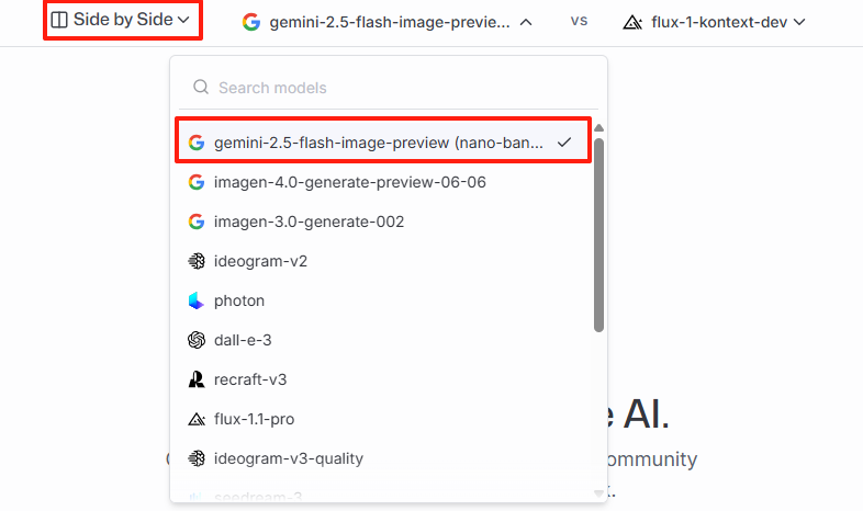 screenshot of selecting gemini-2.5-flash-image-preview (nano-banana)